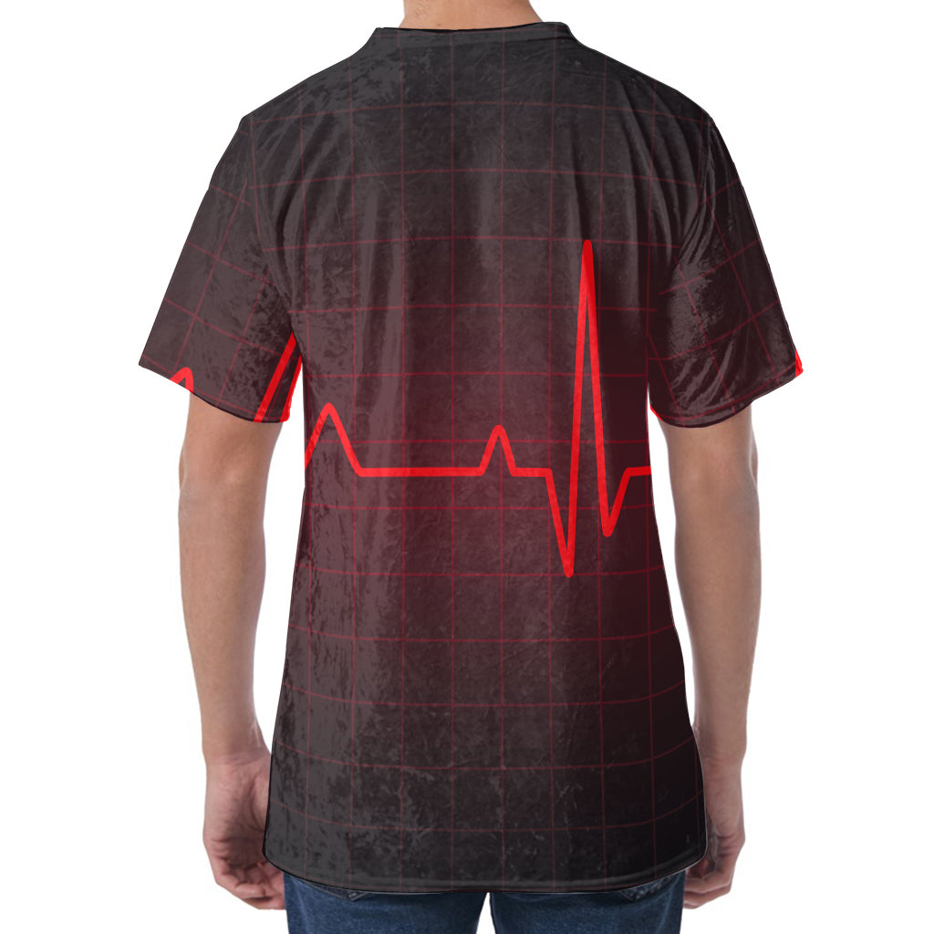 Red Heartbeat Print Men's Velvet T-Shirt