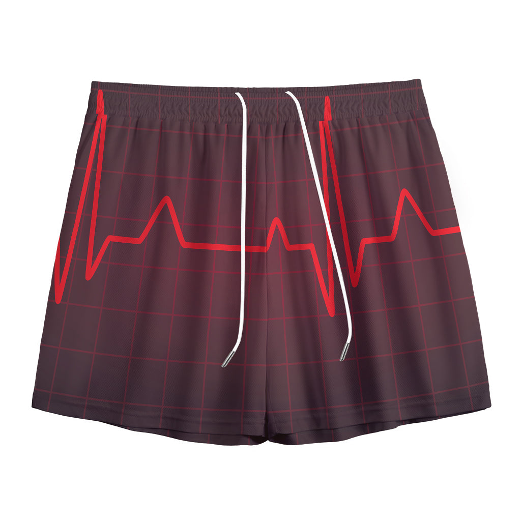 Red Heartbeat Print Mesh Shorts