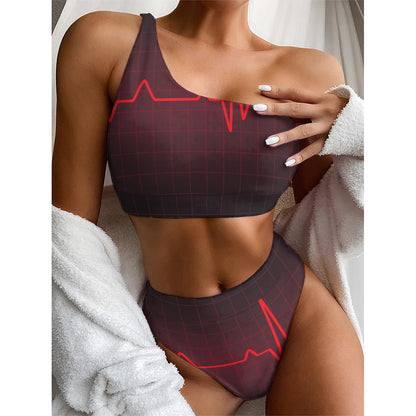 Red Heartbeat Print One Shoulder Bikini Top