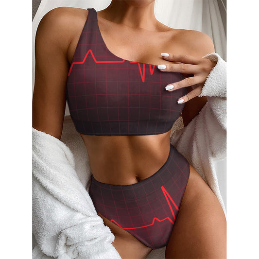 Red Heartbeat Print One Shoulder Bikini Top