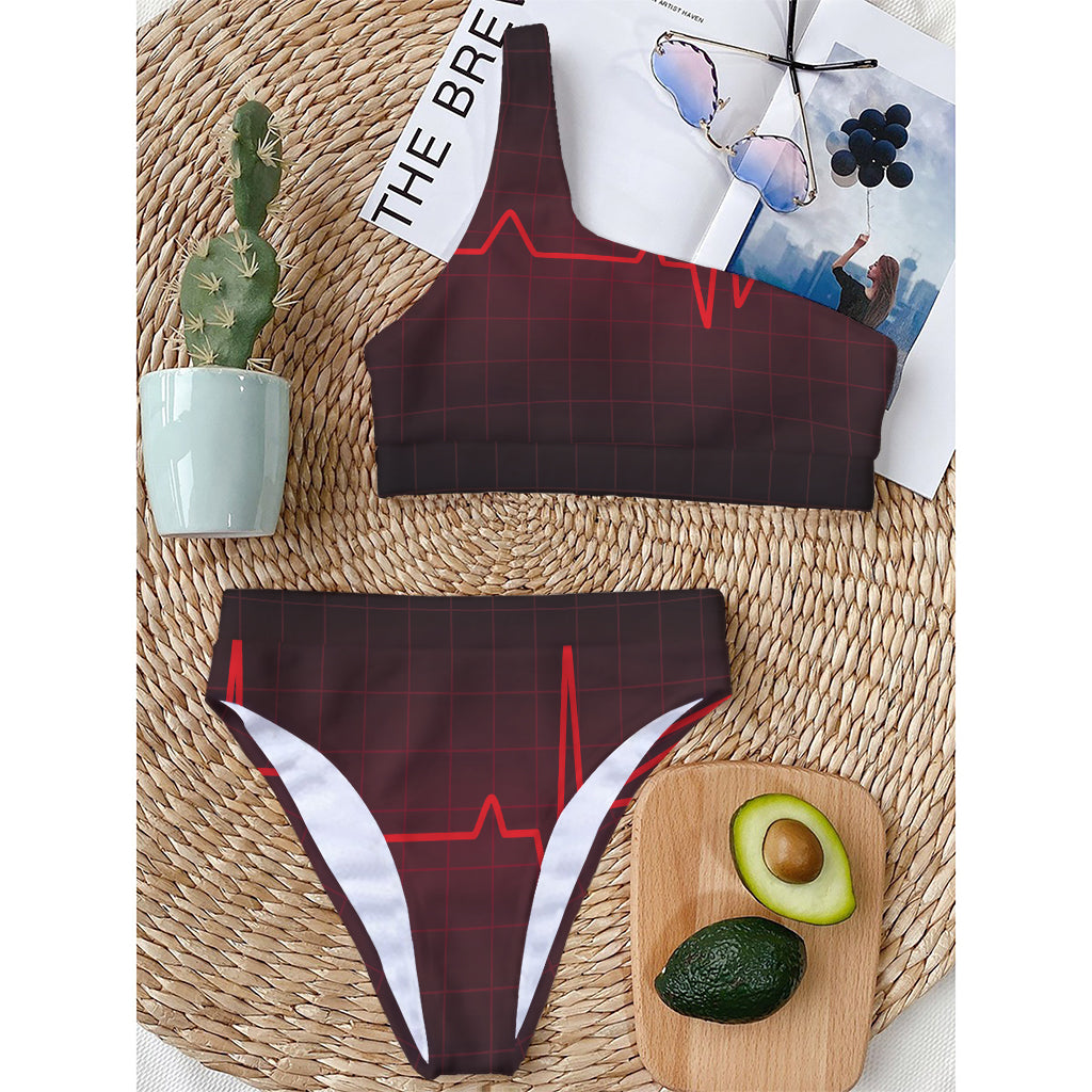 Red Heartbeat Print One Shoulder Bikini Top