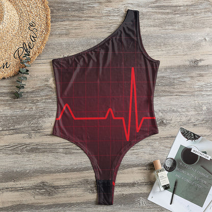 Red Heartbeat Print One Shoulder Bodysuit
