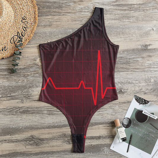 Red Heartbeat Print One Shoulder Bodysuit