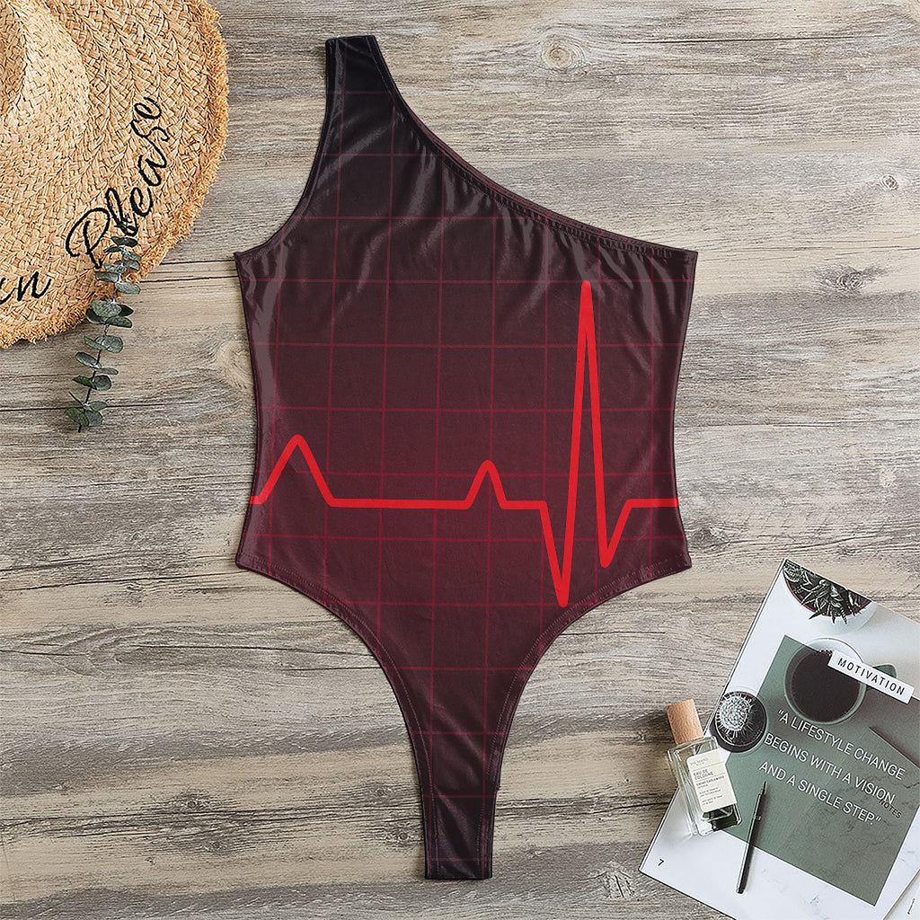 Red Heartbeat Print One Shoulder Bodysuit