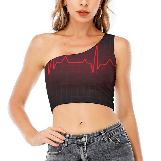 Red Heartbeat Print One Shoulder Crop Top
