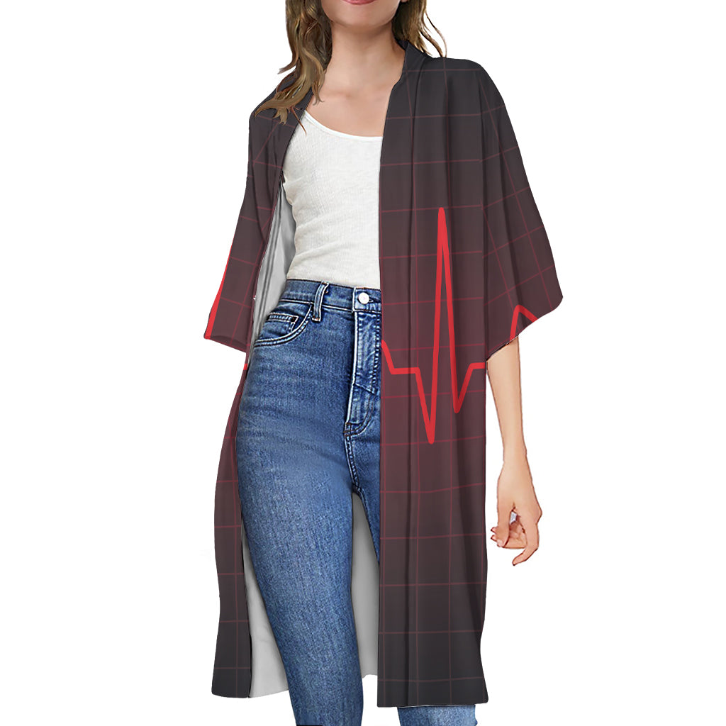 Red Heartbeat Print Open Front Beach Cover Up