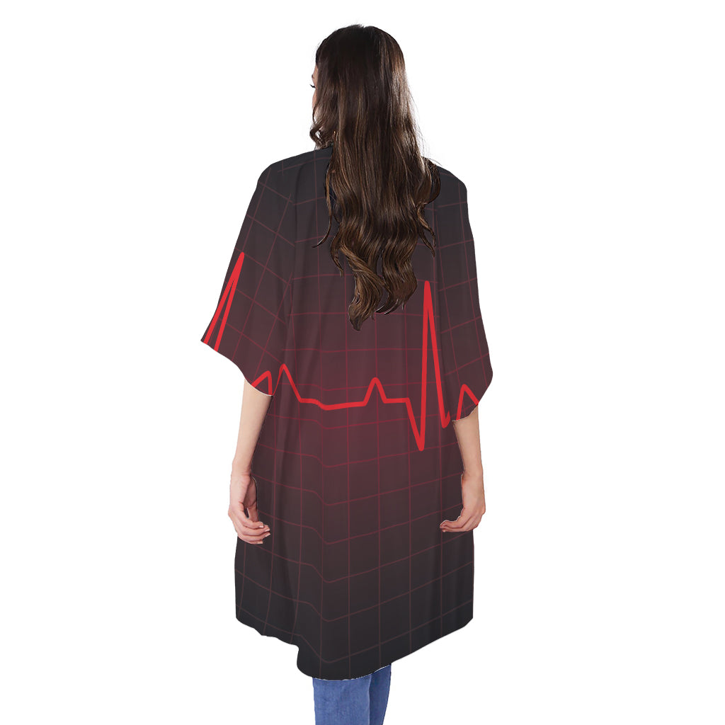 Red Heartbeat Print Open Front Beach Cover Up