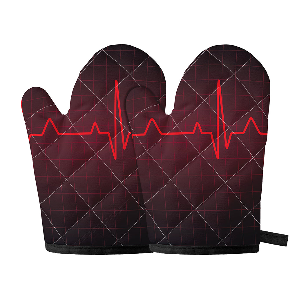 Red Heartbeat Print Oven Mitts