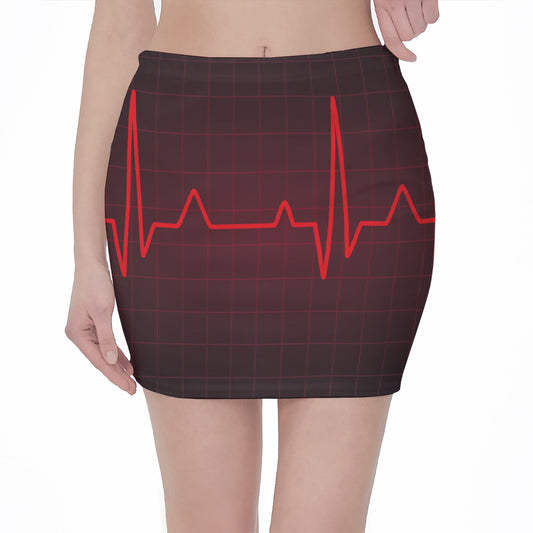 Red Heartbeat Print Pencil Mini Skirt