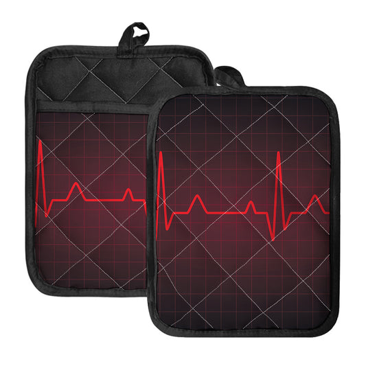 Red Heartbeat Print Pot Holders With Pocket