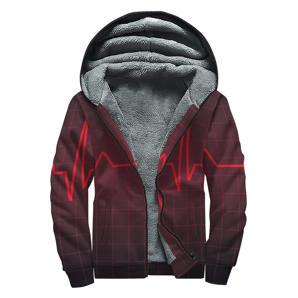 Red Heartbeat Print Sherpa Lined Zip Up Hoodie
