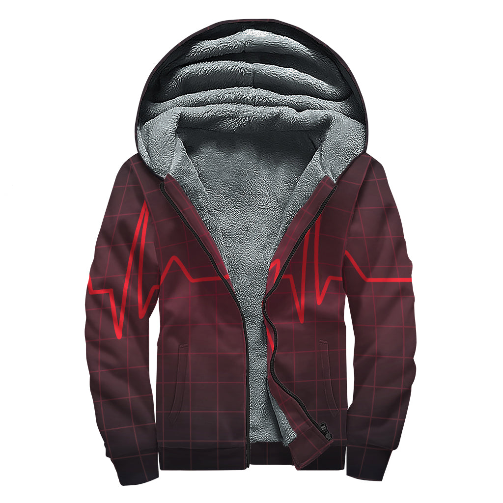 Red Heartbeat Print Sherpa Lined Zip Up Hoodie