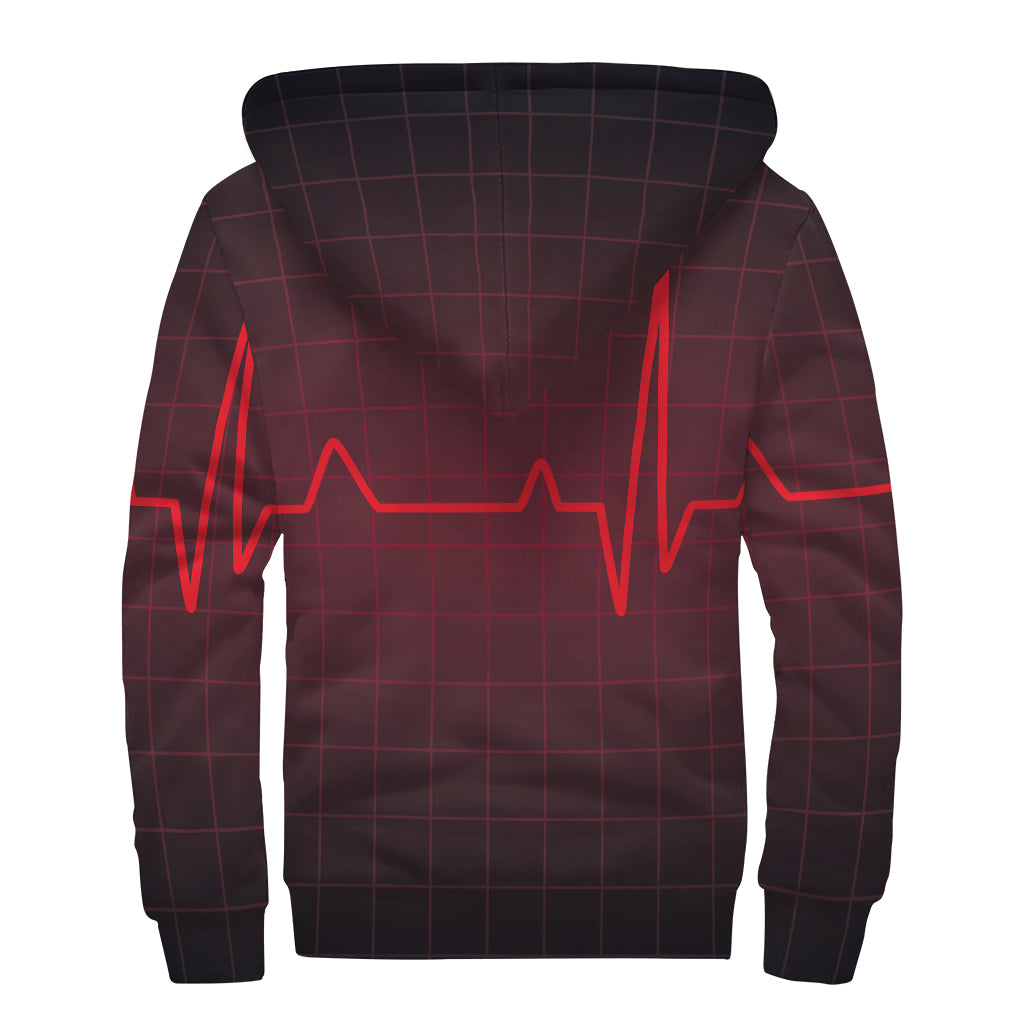 Red Heartbeat Print Sherpa Lined Zip Up Hoodie