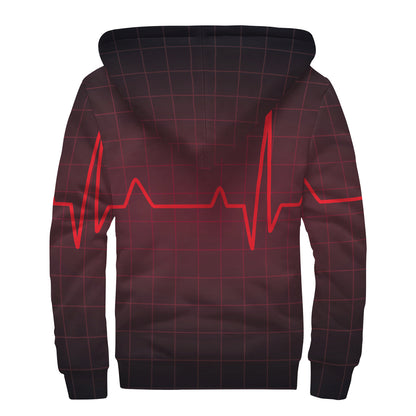 Red Heartbeat Print Sherpa Lined Zip Up Hoodie