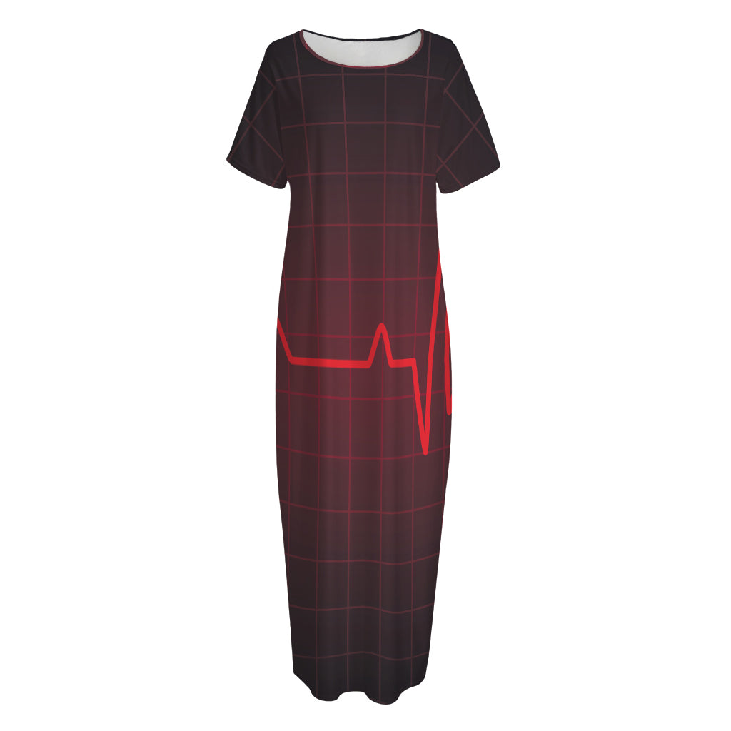 Red Heartbeat Print Short Sleeve Long Nightdress