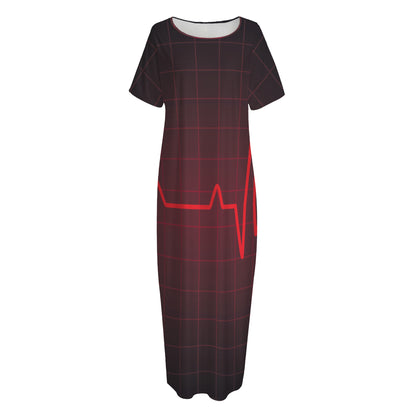 Red Heartbeat Print Short Sleeve Long Nightdress