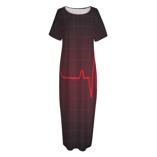 Red Heartbeat Print Short Sleeve Long Nightdress