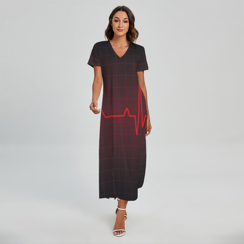 Red Heartbeat Print Short Sleeve Maxi Dress