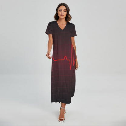 Red Heartbeat Print Short Sleeve Maxi Dress