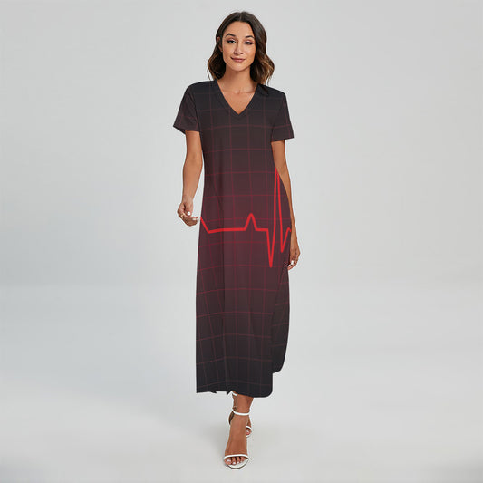 Red Heartbeat Print Short Sleeve Maxi Dress