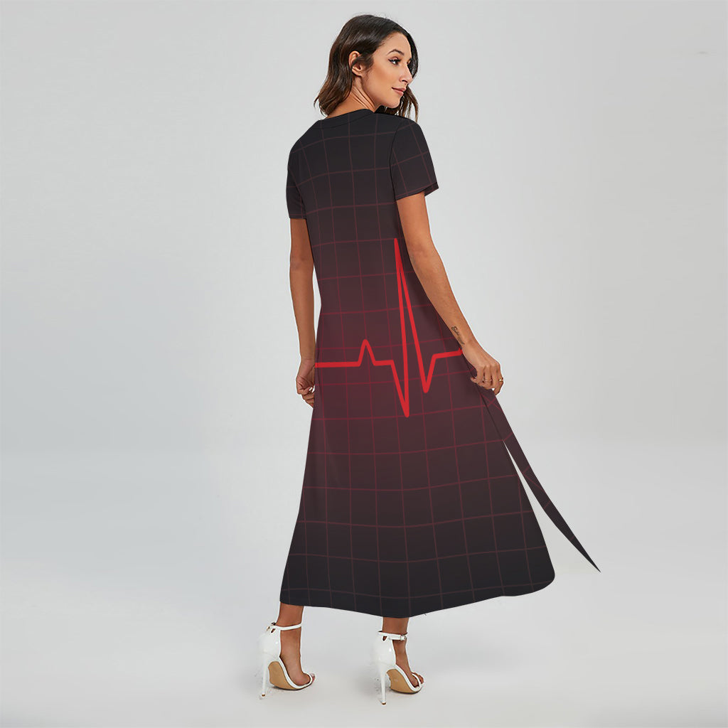Red Heartbeat Print Short Sleeve Maxi Dress