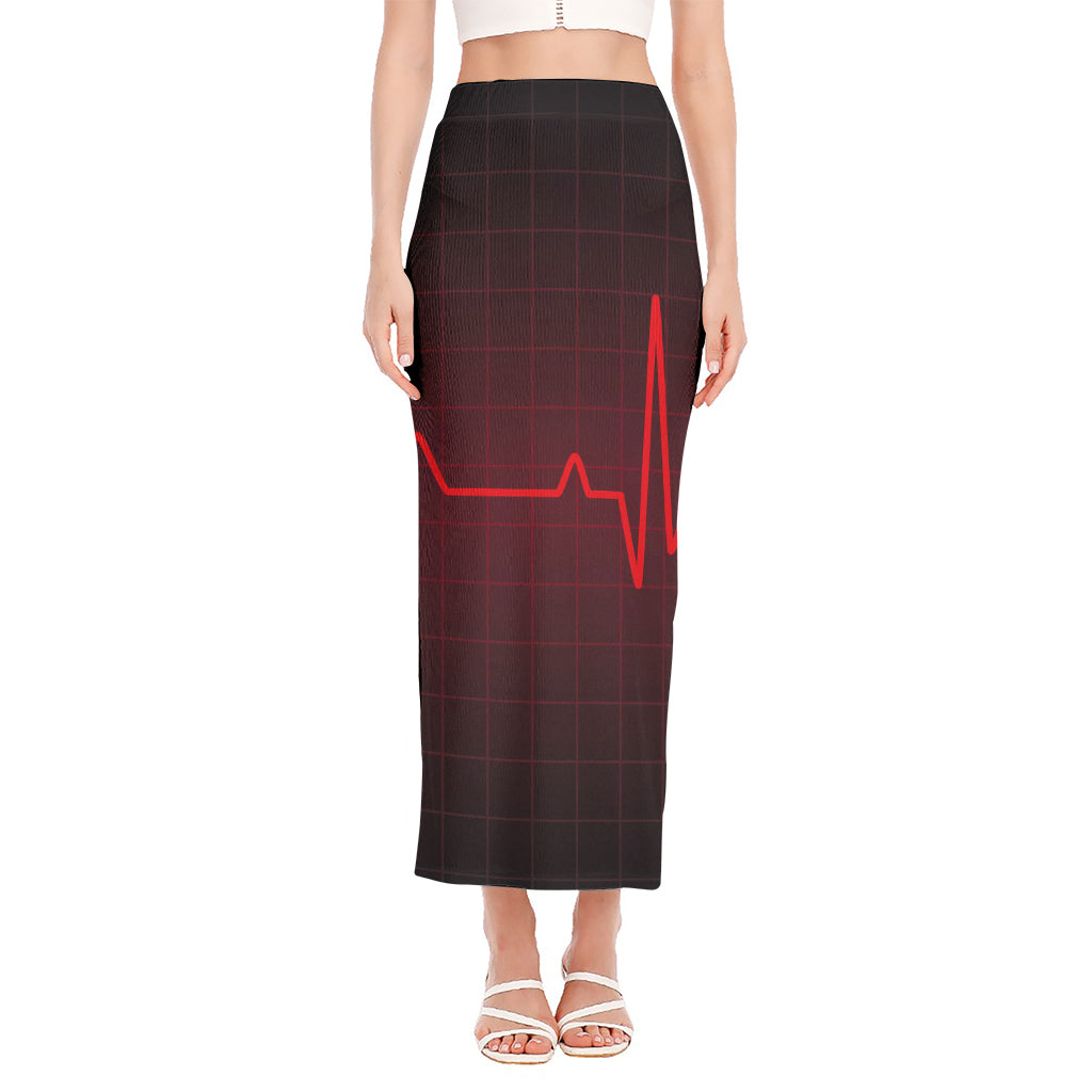 Red Heartbeat Print Side Slit Maxi Skirt