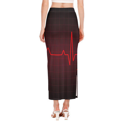 Red Heartbeat Print Side Slit Maxi Skirt