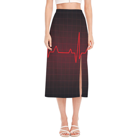 Red Heartbeat Print Side Slit Midi Skirt