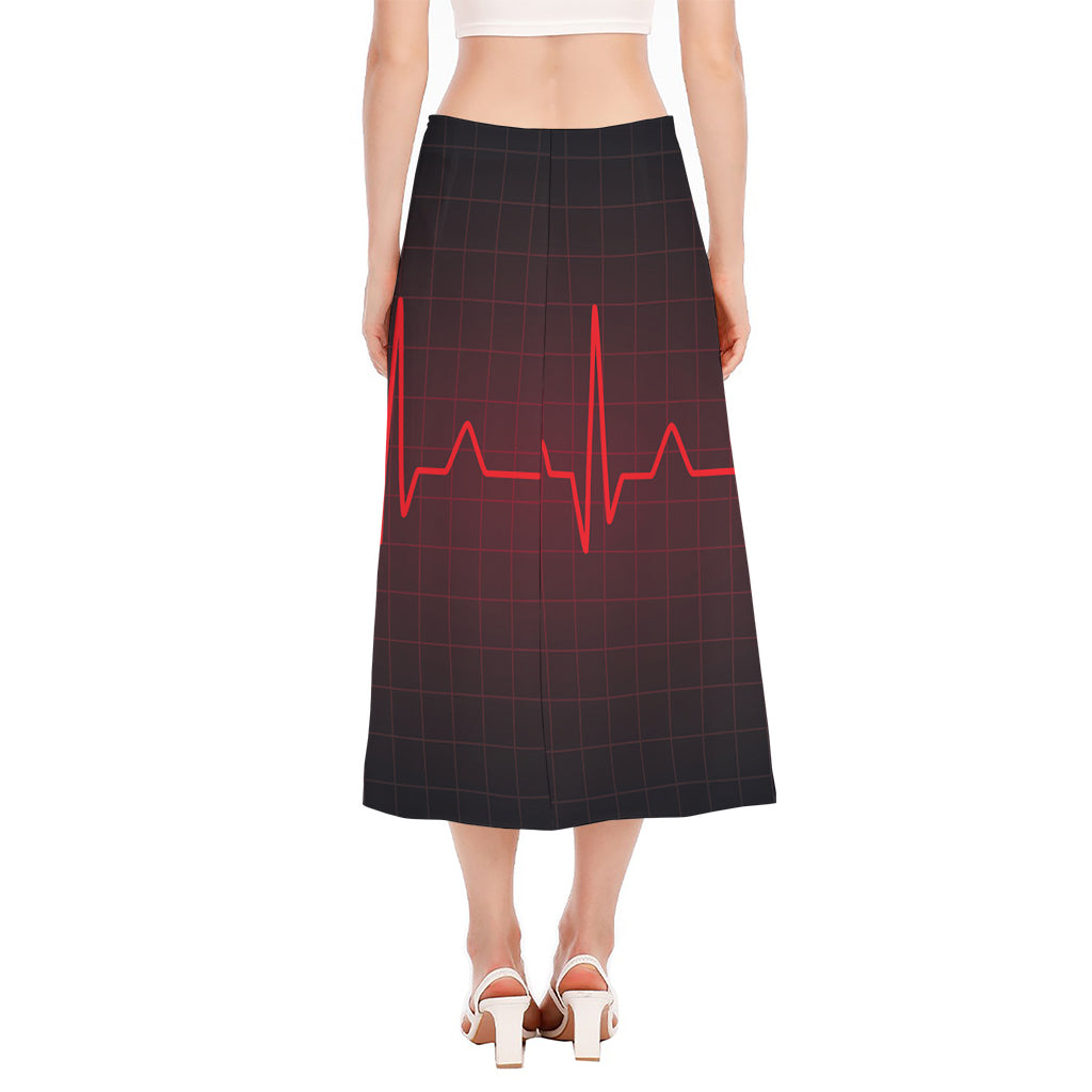 Red Heartbeat Print Side Slit Midi Skirt