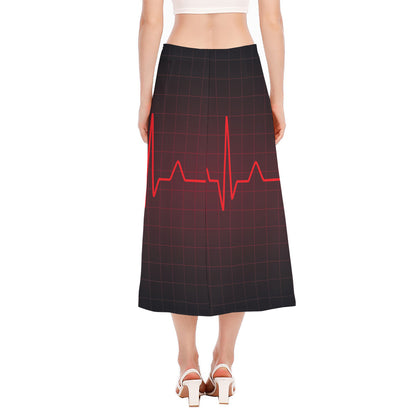 Red Heartbeat Print Side Slit Midi Skirt