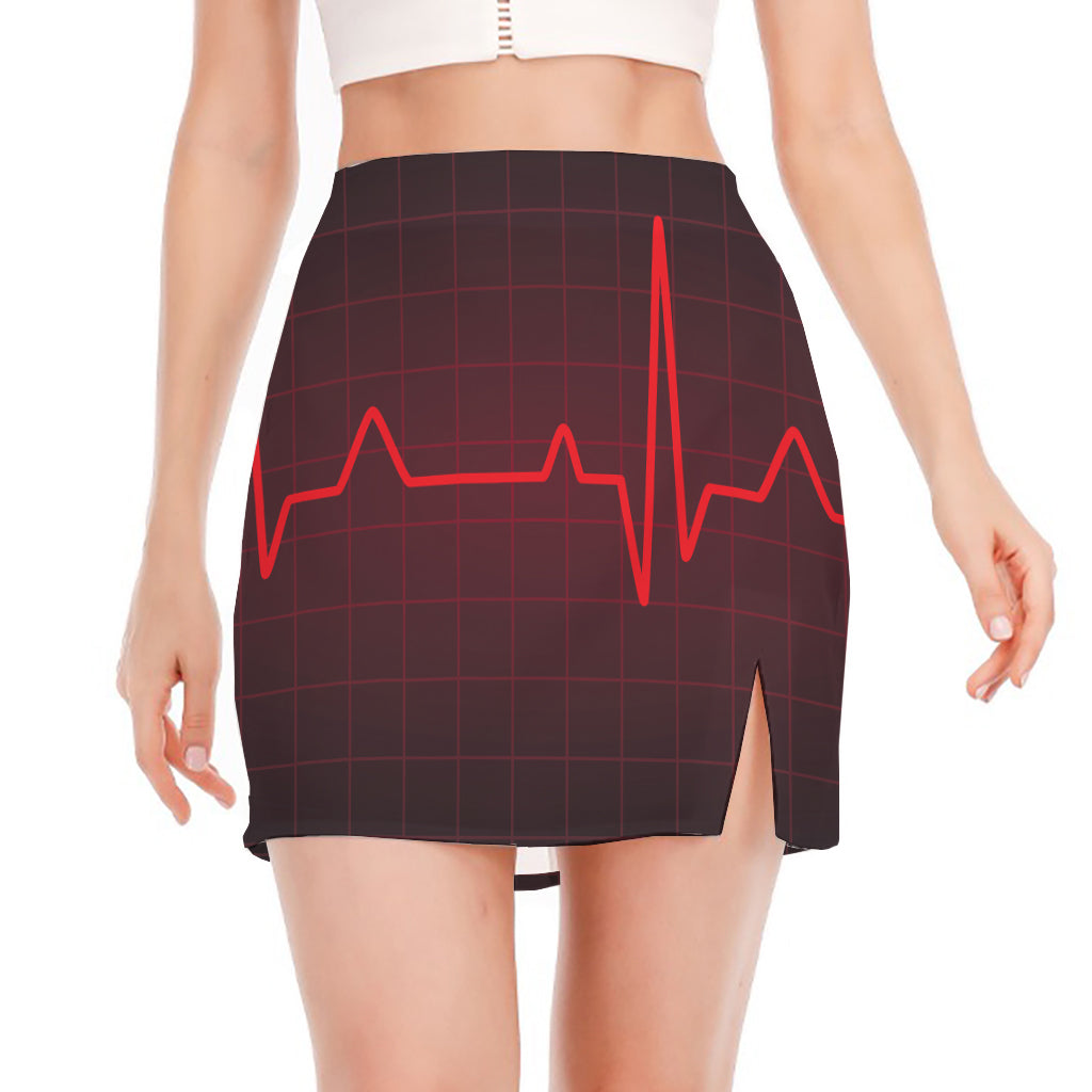 Red Heartbeat Print Side Slit Mini Skirt