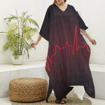 Red Heartbeat Print Silk V-Neck Kaftan Dress
