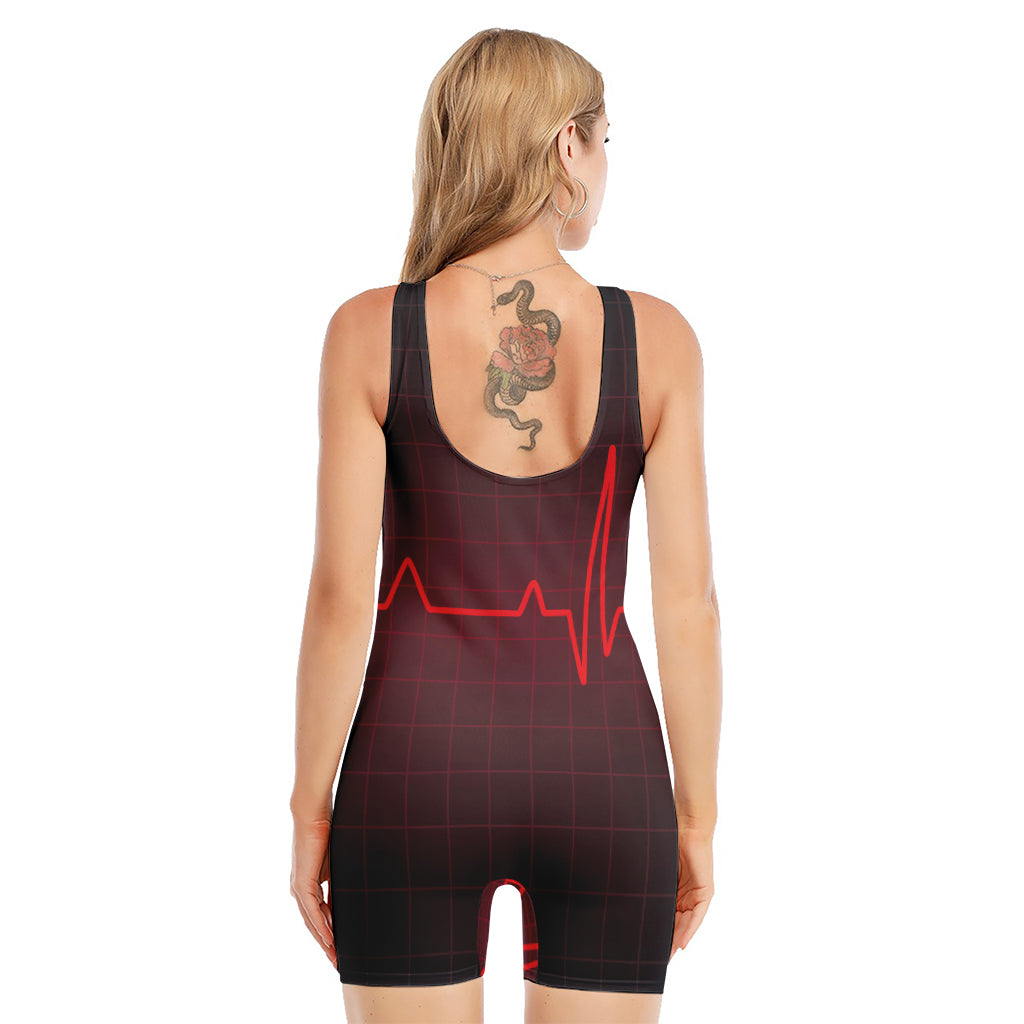 Red Heartbeat Print Sleeveless One Piece Swimsuit