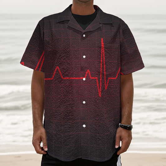 Red Heartbeat Print Textured Short Sleeve Shirt