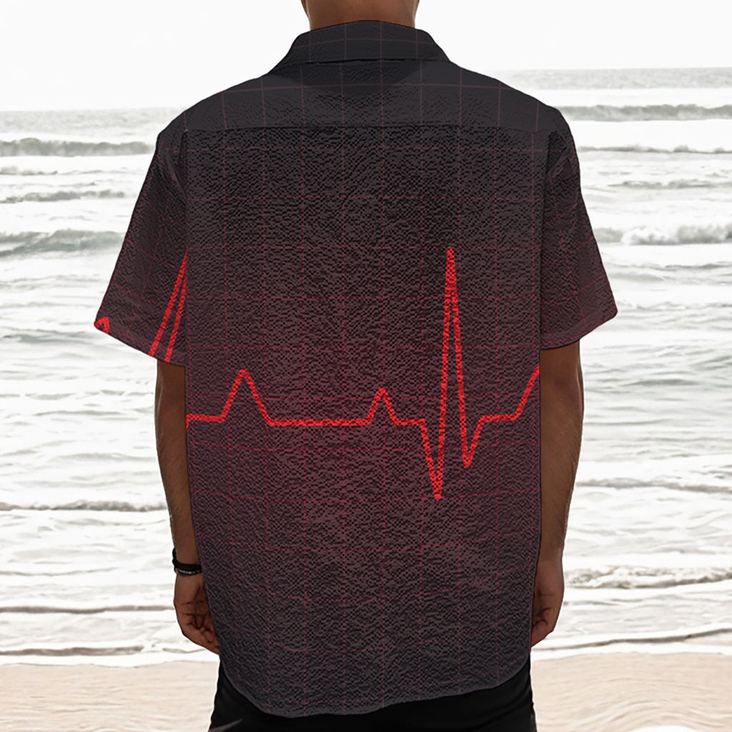 Red Heartbeat Print Textured Short Sleeve Shirt