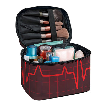 Red Heartbeat Print Travel Makeup Bag