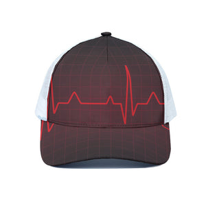 Red Heartbeat Print White Mesh Trucker Cap