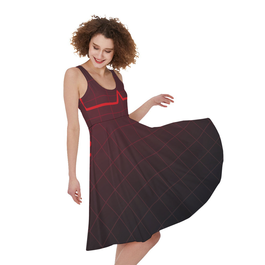 Red Heartbeat Print Women's Sleeveless Dress