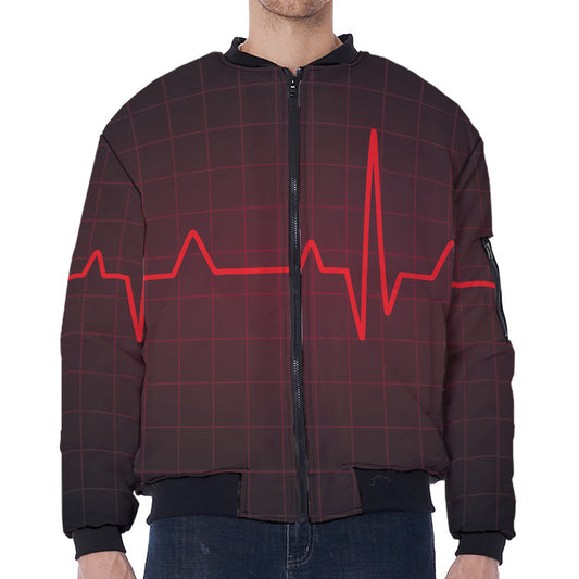 Red Heartbeat Print Zip Sleeve Bomber Jacket