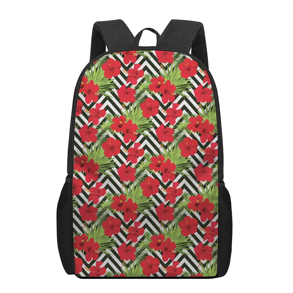 Red Hibiscus Chevron Pattern Print 17 Inch Backpack