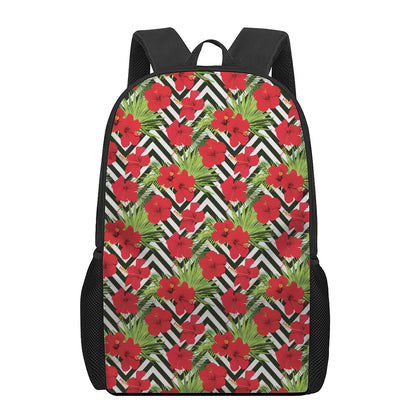 Red Hibiscus Chevron Pattern Print 17 Inch Backpack