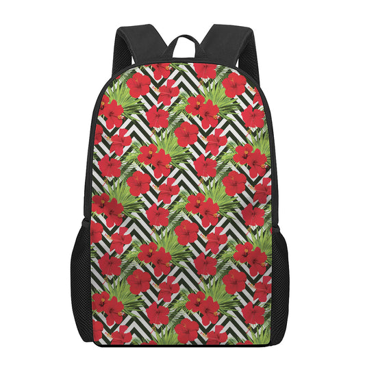 Red Hibiscus Chevron Pattern Print 17 Inch Backpack