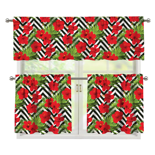 Red Hibiscus Chevron Pattern Print 3 Piece Kitchen Curtains