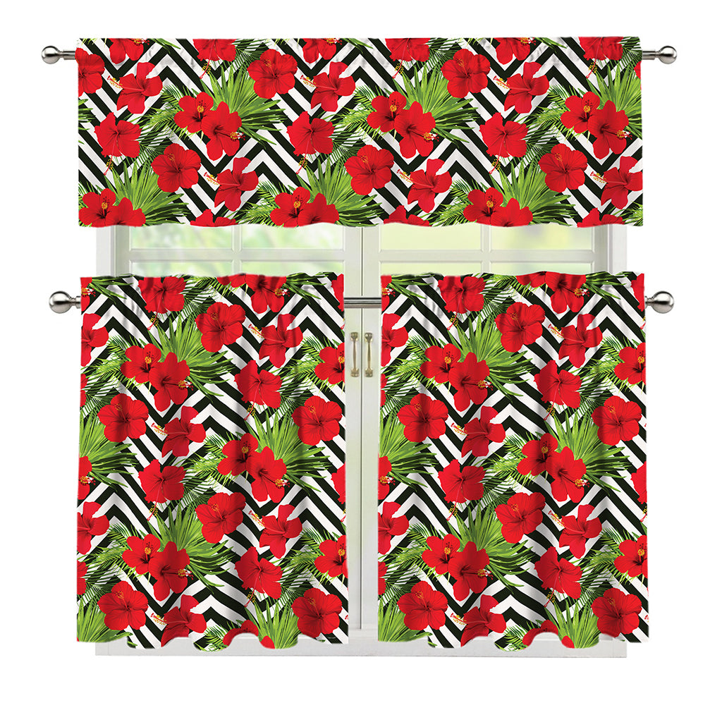 Red Hibiscus Chevron Pattern Print 3 Piece Kitchen Curtains