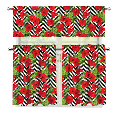Red Hibiscus Chevron Pattern Print 3 Piece Kitchen Curtains