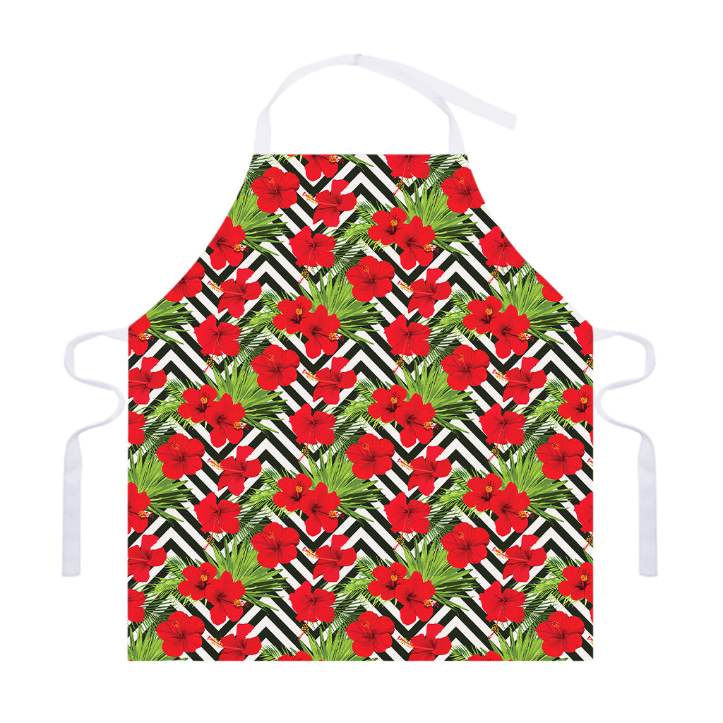 Red Hibiscus Chevron Pattern Print Adjustable Apron