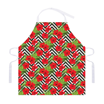 Red Hibiscus Chevron Pattern Print Adjustable Apron