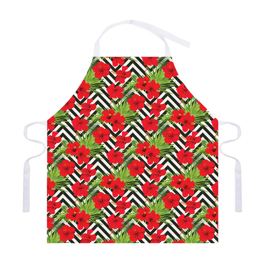 Red Hibiscus Chevron Pattern Print Adjustable Apron