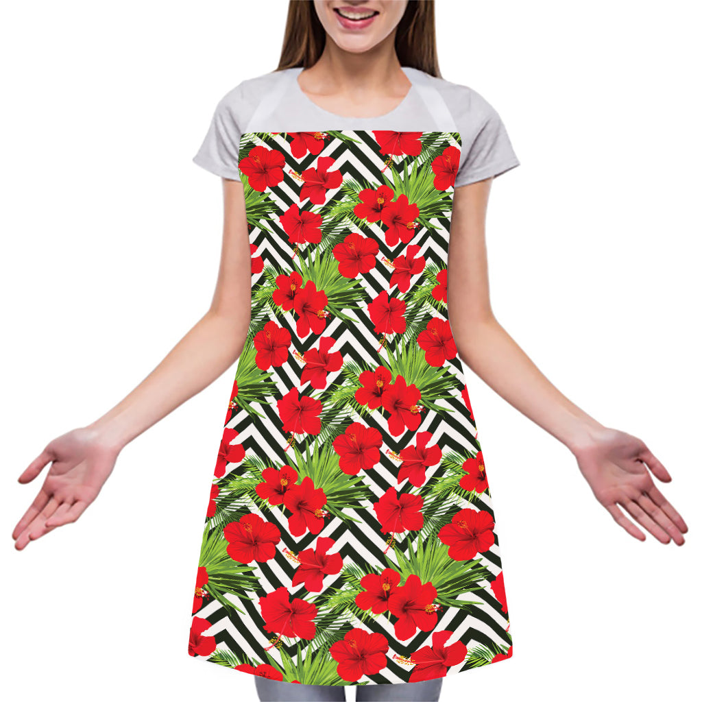 Red Hibiscus Chevron Pattern Print Adjustable Apron