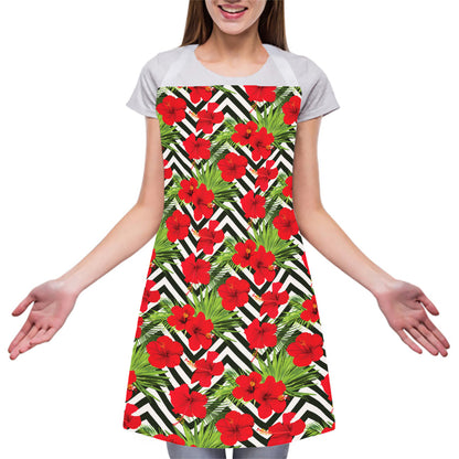 Red Hibiscus Chevron Pattern Print Adjustable Apron